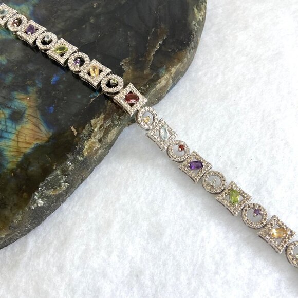 Ross-Simons Sterling Silver 925 Multi Gemstone Geometric Link Tennis Bracelet - Picture 7 of 16